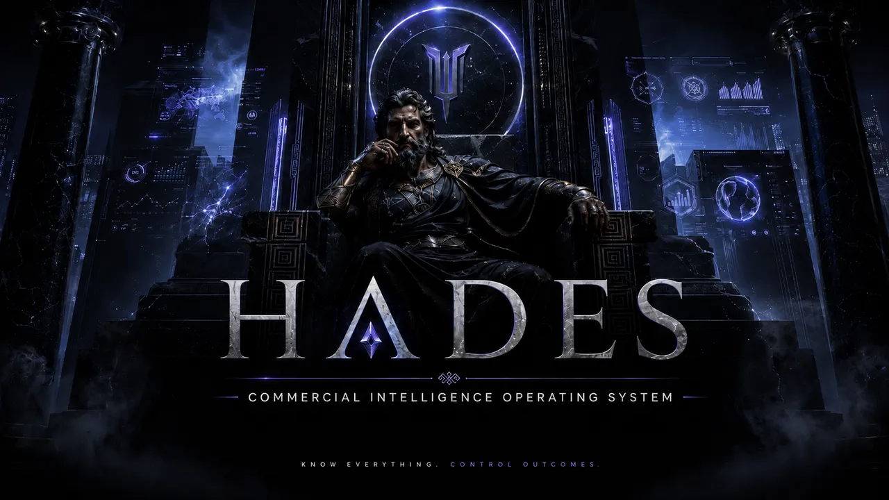 Hades sentado no trono, com painéis de dados ao redor